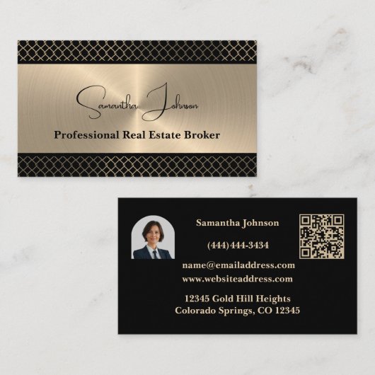 Luxury Black & Gold QR Code/Photo Real Estate  Visitenkarte (Vorne/Hinten)