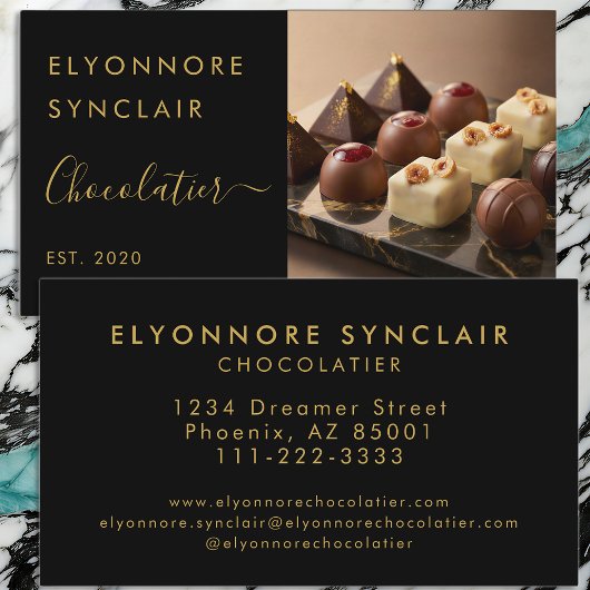 Luxury Black Gold Script Chocolatier Photo Visitenkarte