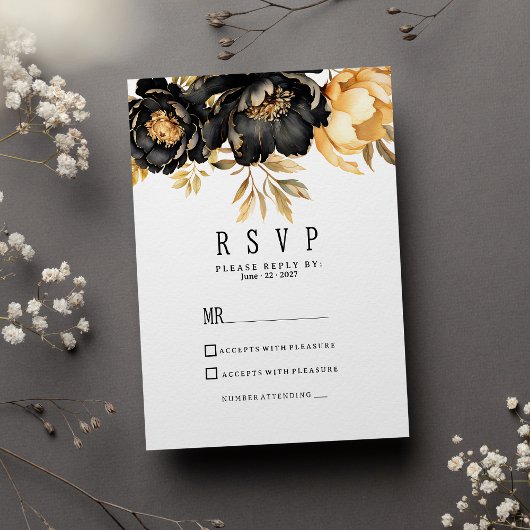 Luxury black ivory gold peony floral RSVP Einladung