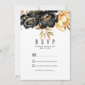 Luxury black ivory gold peony floral RSVP Einladung (Vorderseite)