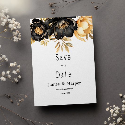 Luxury black ivory gold peony floral Save the Date Einladung