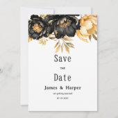 Luxury black ivory gold peony floral Save the Date Einladung (Vorderseite)