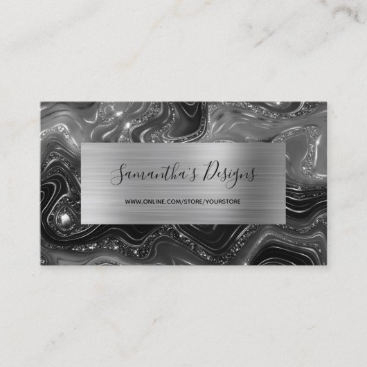 Luxury Black Marble Agate Glam Silver Foil Visitenkarte (Vorderseite)