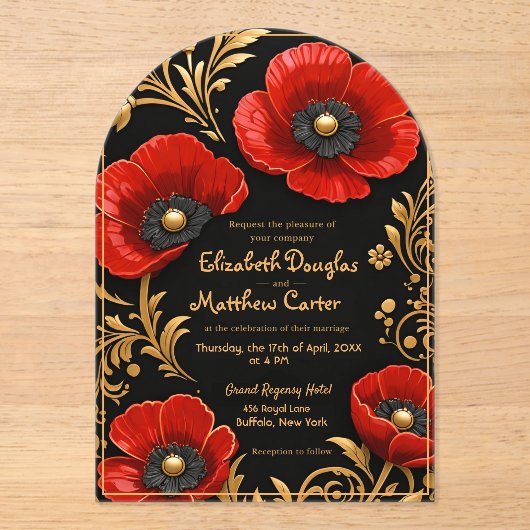 Luxury Black Red and Gold Floral Wedding Acryleinladungen (Vorderseite)