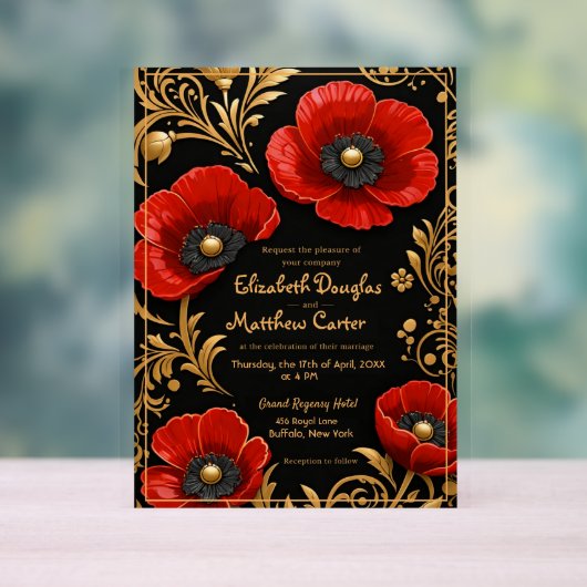 Luxury Black Red and Gold Floral Wedding Acrylschild (Neutral)