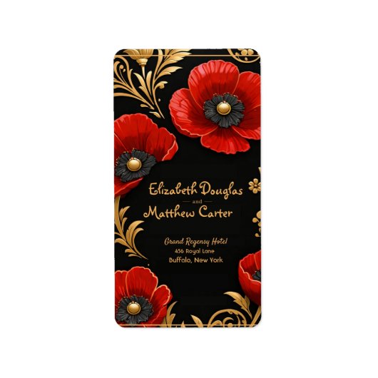 Luxury Black Red and Gold Floral Wedding Adressaufkleber (Vorne)