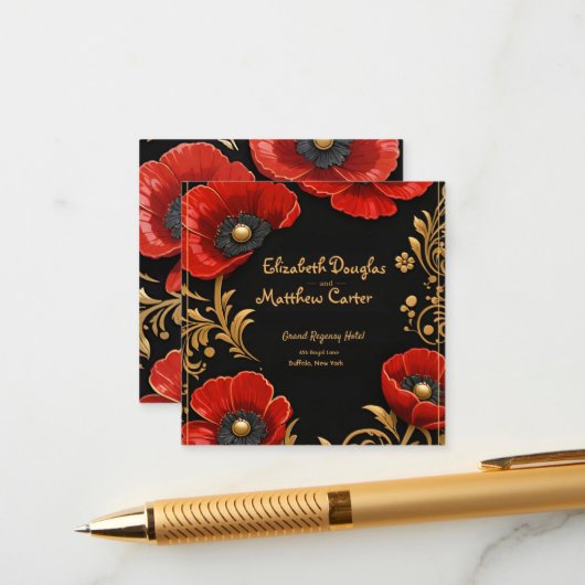 Luxury Black Red and Gold Floral Wedding  Begleitkarte (Vorderseite/Rückseite Beispiel)