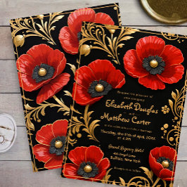 Luxury Black Red and Gold Floral Wedding  Einladung
