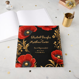Luxury Black Red and Gold Floral Wedding Gästebuch