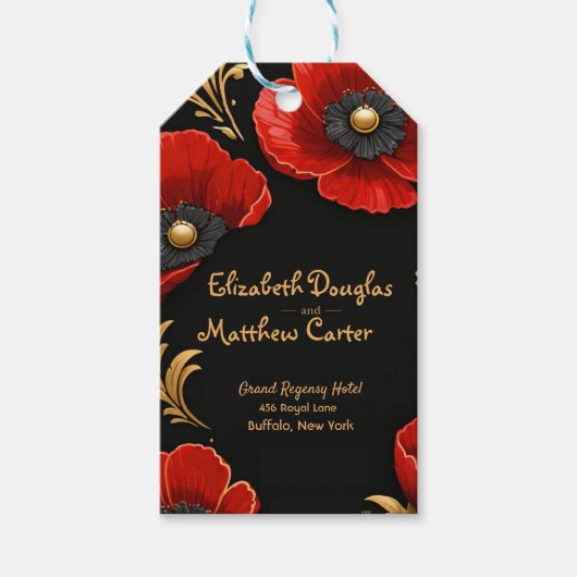 Luxury Black Red and Gold Floral Wedding Geschenkanhänger (Vorderseite)