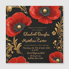 Luxury Black Red and Gold Floral Wedding  Magnetkarte