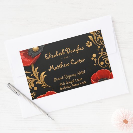 Luxury Black Red and Gold Floral Wedding  Rechteckiger Aufkleber (Umschlag)