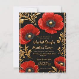 Luxury Black Red and Gold Floral Wedding RSVP Karte