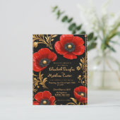 Luxury Black Red and Gold Floral Wedding RSVP Karte (Stehend Vorderseite)