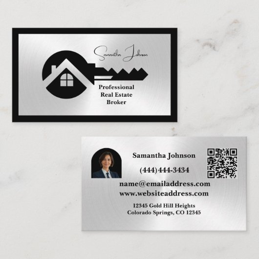 Luxury Black & Silver QR Code Photo Real Estate Visitenkarte (Vorne/Hinten)