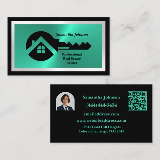 Luxury Black & Turquoise QR Code Photo Real Estate Visitenkarte (Vorne/Hinten)