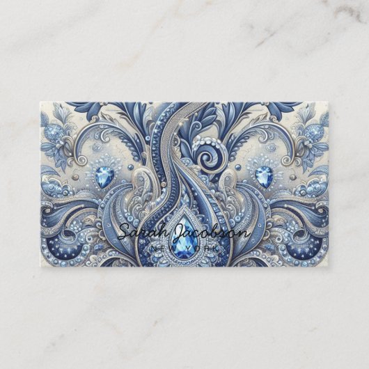 Luxury Blue and White Paisley Diamond Visitenkarte (Vorderseite)