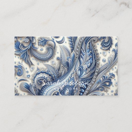 Luxury Blue and White Paisley Visitenkarte (Vorderseite)