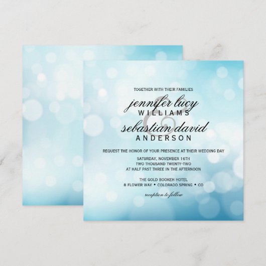 Luxury Blue Bokeh Light Chic Wedding Einladung (Vorne/Hinten)