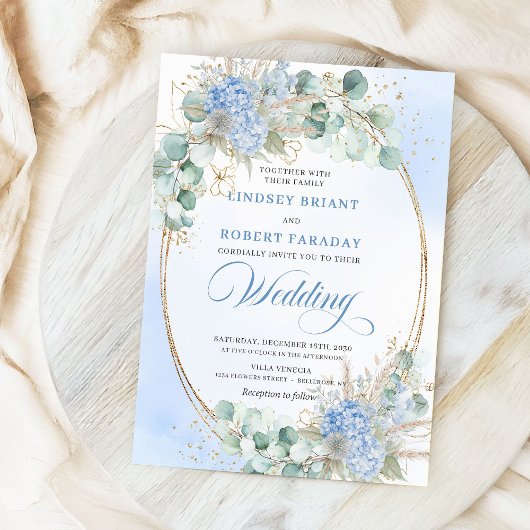 Luxury Blue Floral Wheat Gold Oval Wedding Invites Einladung