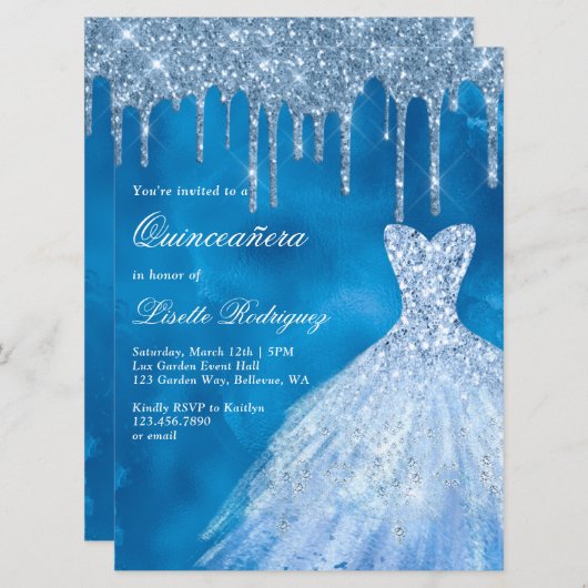 Luxury Blue Glitzer Tropfen Quinceanera Einladung (Vorne/Hinten)