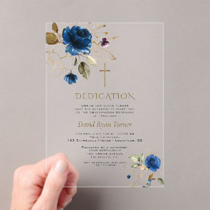 Luxury Blue Gold Blume Boy Dedication Acryleinladungen