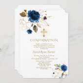 Luxury Blue Gold Floral Boy Bestätigung Einladung (Vorne/Hinten)