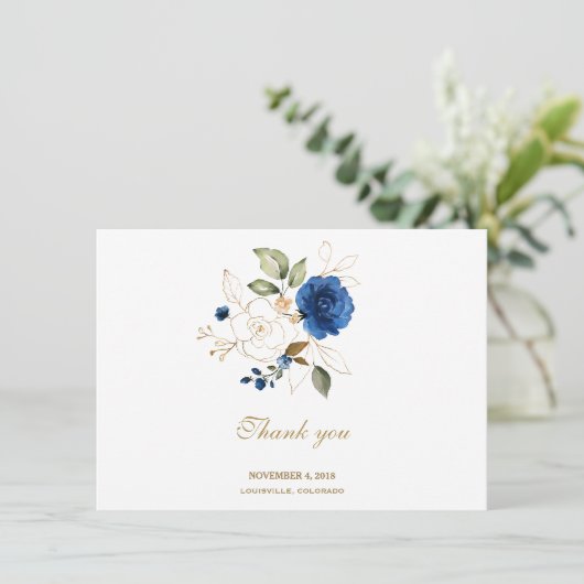 Luxury Blue Gold Floral Wedding Vielen Dank Dankeskarte (Stehend Vorderseite)