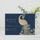 Luxury blue gold royal peacock elegant RSVP Einladung (Stehend Vorderseite)