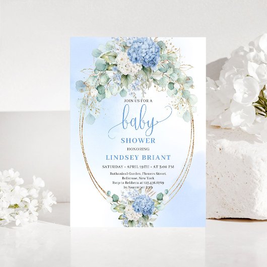 Luxury Blue Hydrangea Baby Shower Gold Invitation Einladung