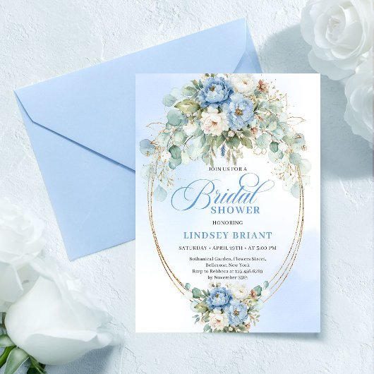 Luxury Blue Peonies Eucalyptus Gold Bridal Shower Einladung