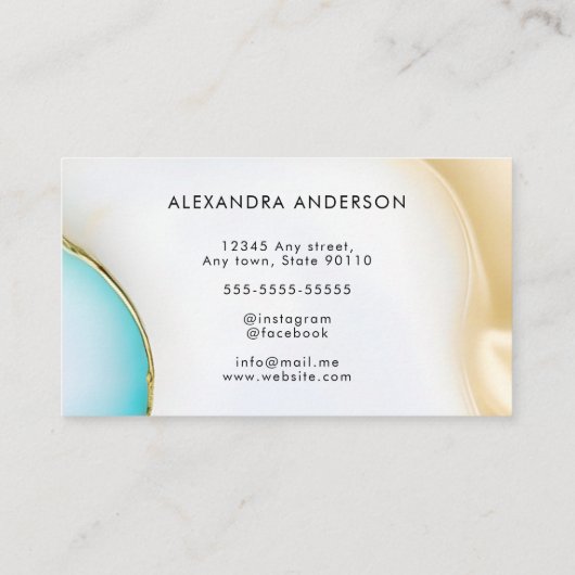Luxury Blue White Gold Agate Marble Script Visitenkarte (Rückseite)