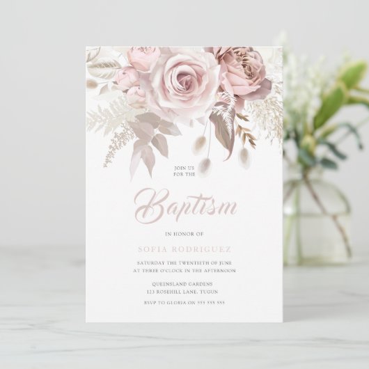 Luxury Blush Flowers Elegant Baptism Einladung (Stehend Vorderseite)