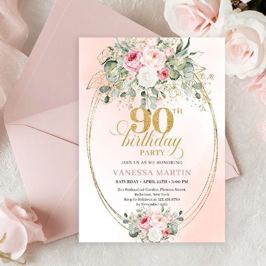 Luxury Blush Rose Gold Boho 90th Birthday Invite Einladung