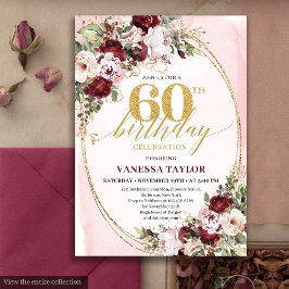 Luxury Boho Burgundy Gold Floral 60th Birthday  Einladung