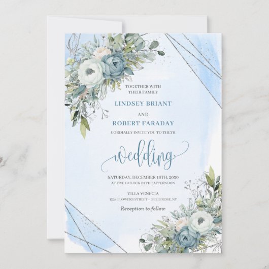 Luxury Boho Dusty Blue Silver Peonies Wedding Einladung (Vorderseite)