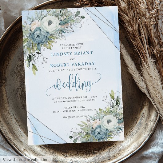 Luxury Boho Dusty Blue Silver Peonies Wedding Einladung