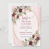 Luxury Boho Maroon Blush Gold Roses Save Date Einladung (Vorderseite)