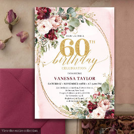 Luxury Boho Maroon Gold Floral 60th Birthday Card Einladung