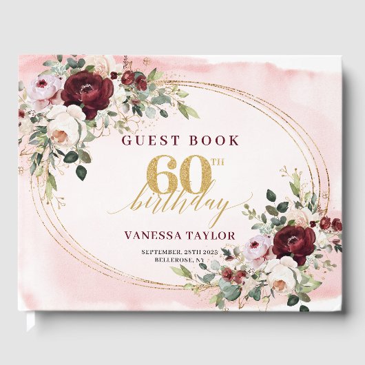 Luxury Boho Marsala Gold Floral 60th Birthday Gästebuch (Vorderseite)