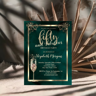Luxury Border Champagne Glass Green 50. Geburtstag Einladung