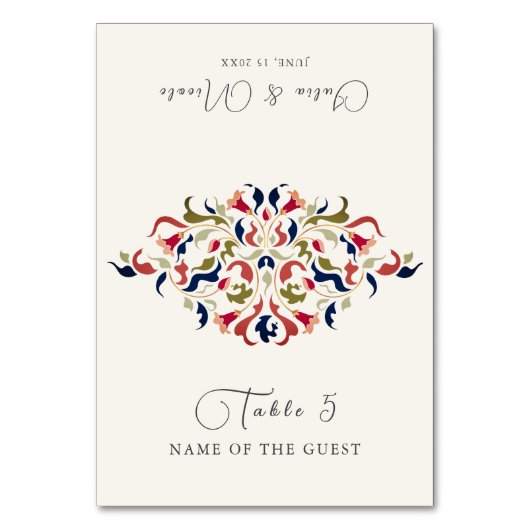 Luxury Botanical Floral Paisley Wedding Place Card Tischnummer (Vorderseite)