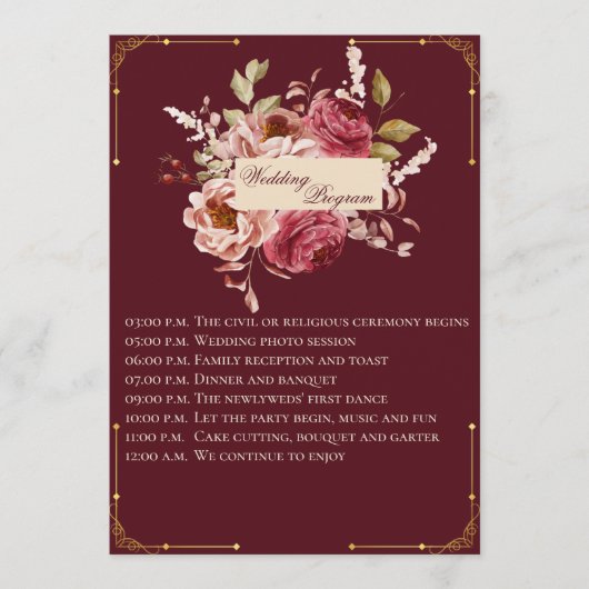 Luxury Burgundy and Gold Floral Wedding Program Programm (Vorderseite)
