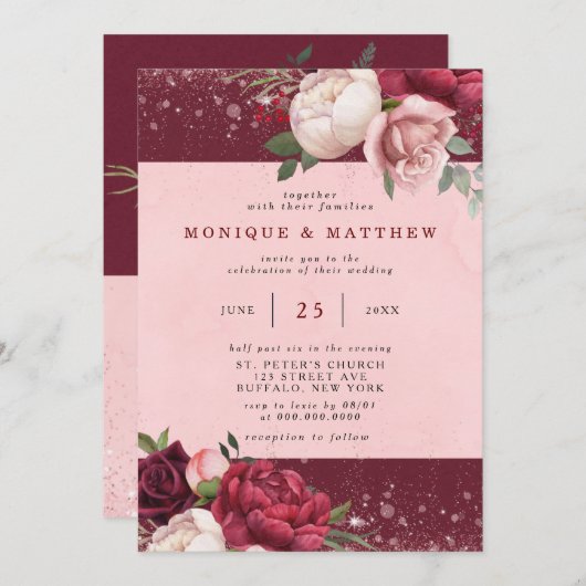 Luxury Burgundy Blush Pink Glitzer Peony Wedding Einladung (Vorne/Hinten)
