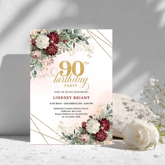 Luxury Burgundy Boho Floral Greenery 90th Birthday Einladung