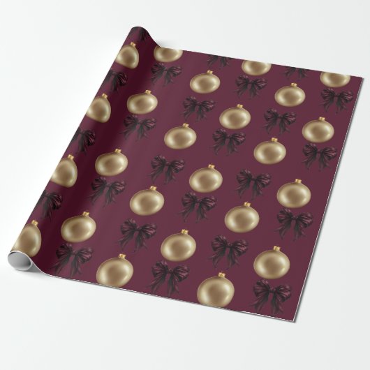 Luxury Burgundy & Gold Baubles & Bows Geschenkpapier (Ungerollt)
