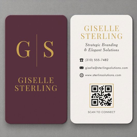 Luxury Burgundy Gold Monogram QR Code Visitenkarte