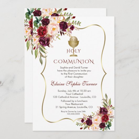 Luxury Burgundy Pink Floral Heilige Kommune Einladung (Vorne/Hinten)