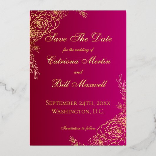 Luxury Burgundy Red and Gold Save The Date Card Folieneinladung (Vorderseite)