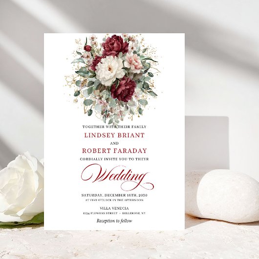 Luxury Burgundy White Floral Eucalyptus Wedding  Einladung